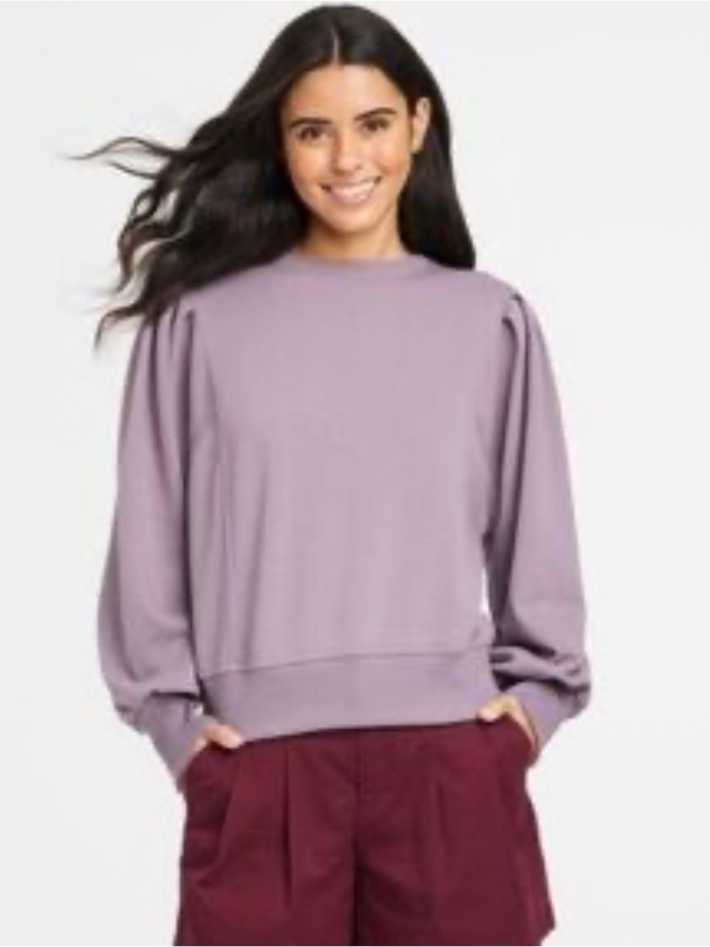 a new day Dusty Lavender Crewneck Pleated Sleeve Cozy Fleece Sweatshirt